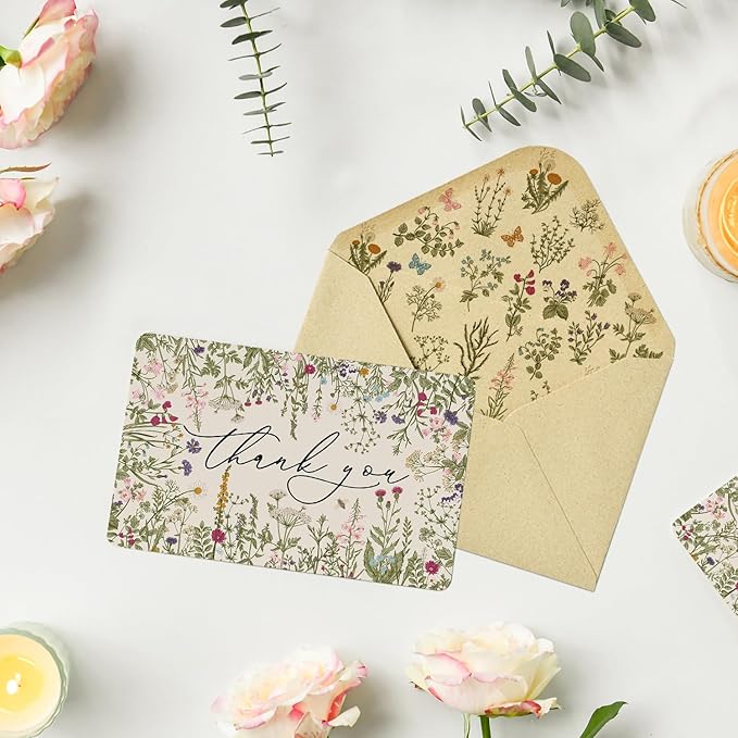 Artoid Mode 24 Pack Leaves Wildflower Thank You Cards Flower Greeting Cards Gift With Envelope Sticker Blank Note Cards for Birthday Wedding Baby Shower Bridal Shower, 4 x 6 Inch