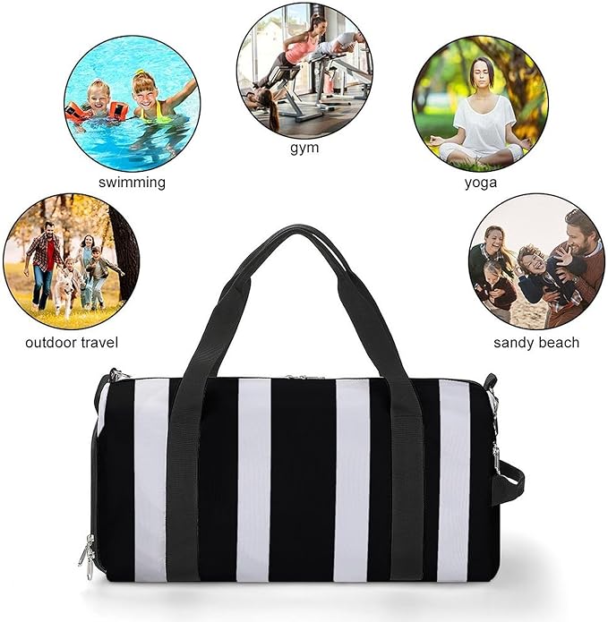 Stripes Black White Gym Bag Lightweight ,Travel Duffle Bag with Shoe Compartment,Gym Bag for Women for Overnight, Weekend, Yoga, Gym, Business Trips, Sport And Hospital.