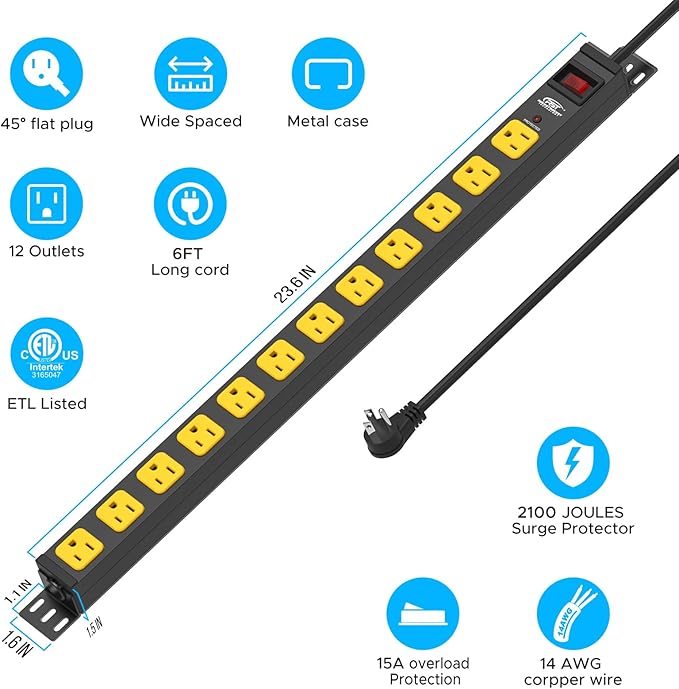 Mountable Long Power Strip, 2100 Joules Heavy Duty Surge Protector Power Strip, Slim Metal Power Bar with 6ft 14AWG Cord, 12-Outlet, ETL Listed,for Wall Mount, Under Desk, Garage, Workshop, and Office