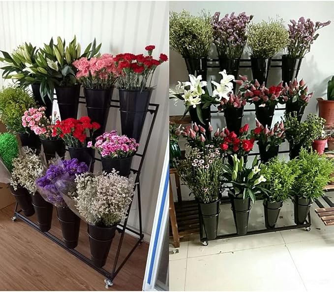 Decorative Display Stand With Buckets for Cut Flowers, Heavy Duty Rolling Plant Stand on Wheels, Indoor Outdoor Cart Ladder Shelf for Florist, Garden, Patio (3 Tier 12 Black Bucket)