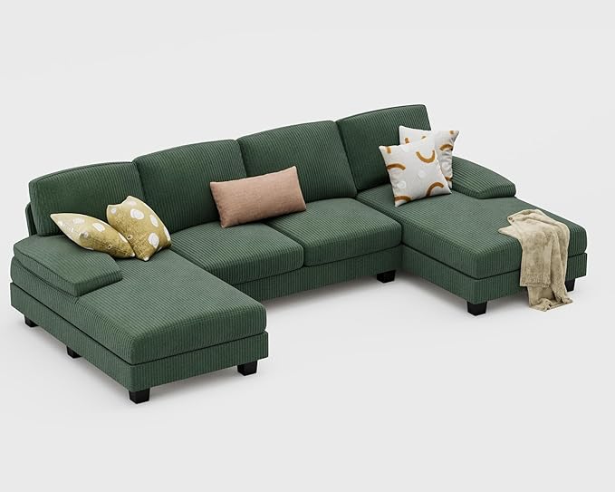 Furniwell Convertible Sectional Sofa Couch, 4 Seat Sofa Set for Living Room U-Shaped Modern Fabric Modular Sofa Sleeper with Double Chaise & Memory Foam (Corduroy, Deep Green)