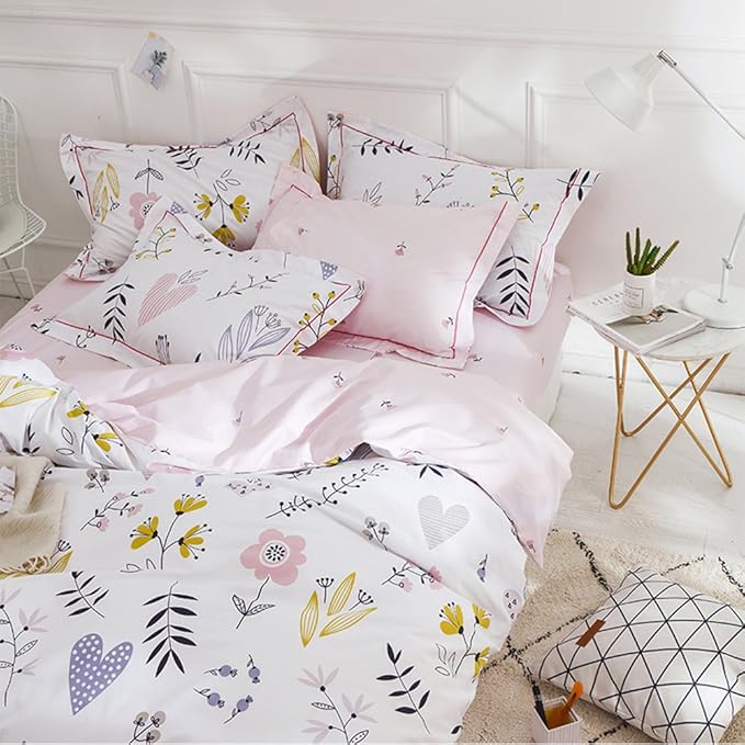 Girls Floral Duvet Cover King Boho White Pink Floral Bedding Sets Cotton Aesthetic Floral Comforter Cover Chic Flower Branches Bedding Sets Garden Style Pink Floral King Duvet Cover with 2 Pillowcases