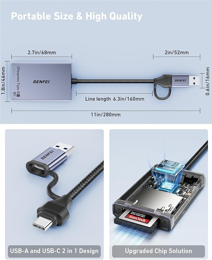BENFEI CFexpress Type B Card Reader with USB 3.2 (Gen 2) 10Gbps, USB-C&USB-A 2-in-1 Type B CFexpress Adapter, Compatible with Windows/Mac/Linux/Android(Not for XQD Card) (Pack of 2)