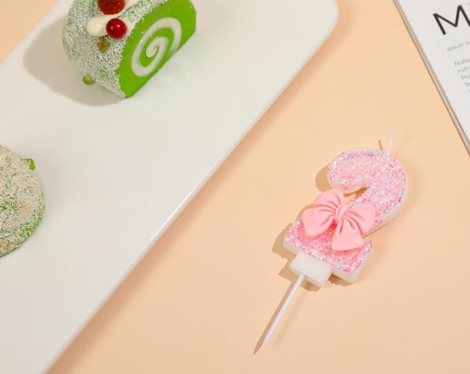 Number 2 Birthday Candle Pink Bowtie Glitter Number 2 Candle Birthday Girl Pastel Sweet Theme 2nd Birthday Party or Adults Milestone Age Decoration