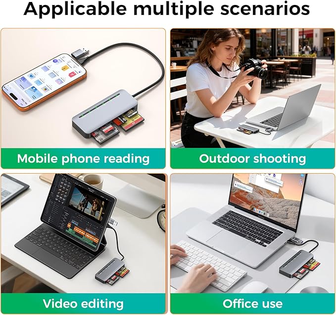 CFast Card Reader 6-in-1, USB 3.0 Multi Card Reader for CFast/CF/SD/TF/XD/MS, Simultaneous Read 6 Cards, 5Gbps High-Speed Data Transfer, Aluminum, Compatible with MacBook, Windows, PC, iPhone 17-15