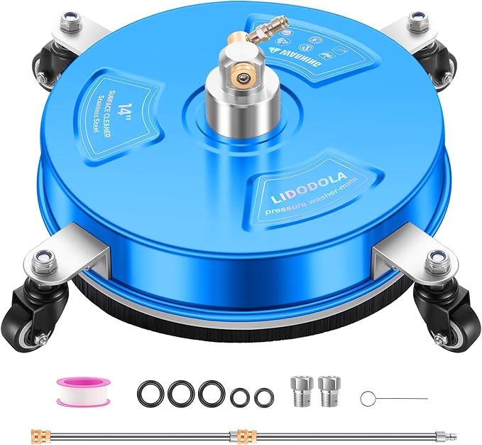 14" Pressure Washer Surface Cleaner with 4 Wheels - Coated Blue Stainless Steel Surface Cleaner for Pressure Washer Attachment for Concrete, Driveway, Patio, Sidewalk, Deck and Driveways - PWS14B