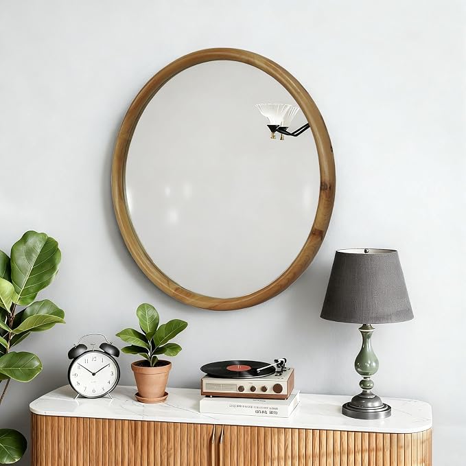 27.56" Round Wood Framed Wall Mirror, Natural Wooden Circle Mirror for Bathroom Entryway Living Room, Mid-Century Modern Decorative Mirror