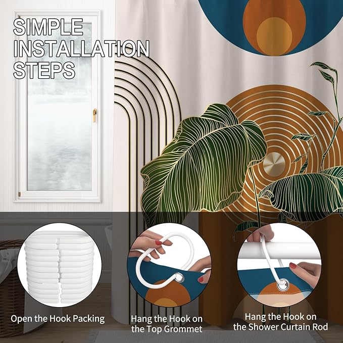 Boho Shower Curtain for Bathroom Modern Mid Century Plant Palm Leaves Bath Curtain Modern Minimalist Geometric Arch Bath Decor Waterproof Polyester Fabric Curtains Set 72x84 inch