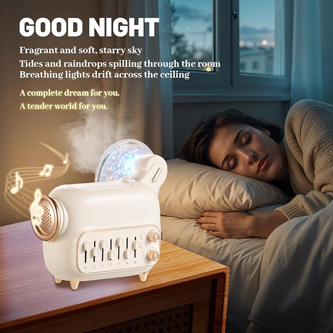 White Noise Machine with Humidifier,Essential Oil Diffuser Water Ripple Light Projector&Bluetooth Speaker - Portable Sleep Sound Therapy, 7 Natural Sounds Style DIY Mixer