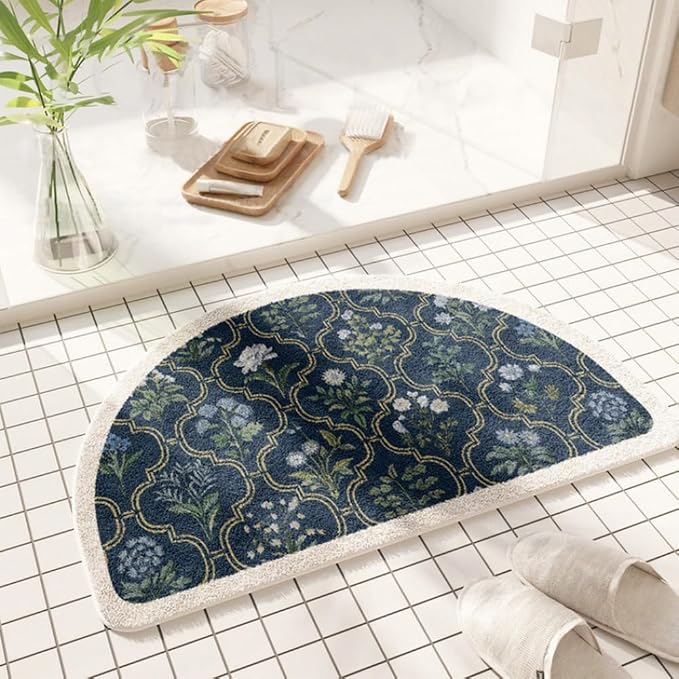 vctops Half Circle Bathroom Rugs, Spring Floral Print Absorbent Microfiber Bath Rugs, Non Slip Quick Dry Bath Mats for Bathroom Floor, Tub and Shower, Home Decor Accessories (Half Round B,16"x24")