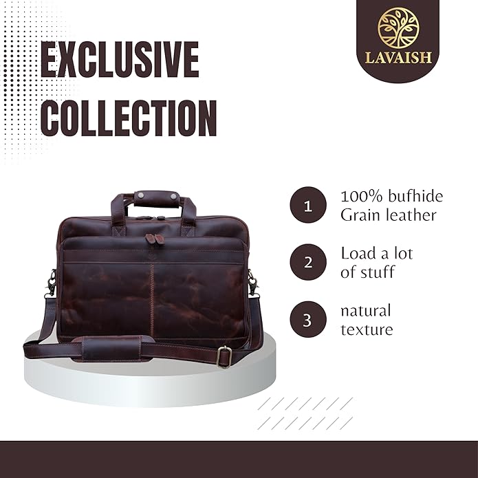 LAVAISH Handmade Full-Grain Leather Briefcase for Men & Women–17" Laptop Bag with Computer Compartment Office Satchel Bag
