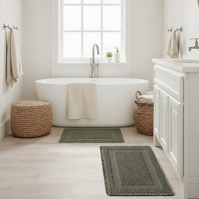 MIULEE Set of 2 Waffle Bathroom Rugs, Boho Bath Rug Super Absorbent, Non Slip Washable Ultra Soft Rubber Backed Shower Bath Mats for Floor, Tub, Shower, Looped Design, Green, 17"x24"+18"x30"