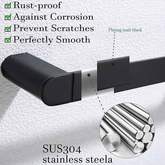 RANDOM 12 inch Matte Black Towel Bar Bathroom Hardware Accessories Modern Hand Towel Holder for Bathroom Kitchen SUS 304 Stainless Steel Towel Rack Contemporary Style Wall-Mounted.96026-2-12MB