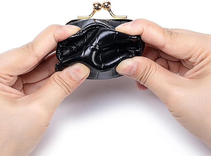Genuine Leather Mini Jewelry Box & Coin Purse for Women, Travel Jewelry Case with Kiss Lock, Holds Earrings, Rings, Necklace, Bracelet, Coins (Black Crocdile Pattern)