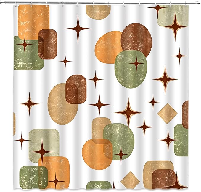 Boho Mid Century Shower Curtain Retro Abstract Geometric Shapes with Starburst Sage Green Beige and Terracotta Fabric Bath Curtain Polyester Bathroom Decor with Hooks (59"X72")