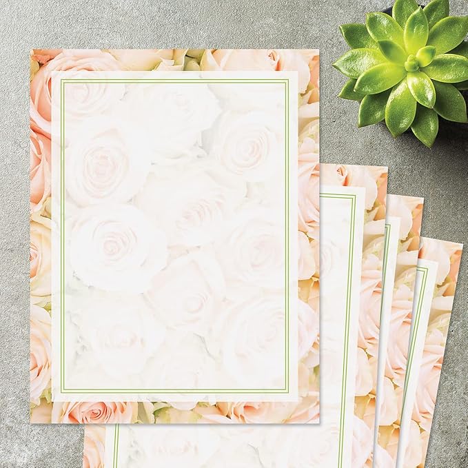 Current Pale Pink Rose Floral Letter Paper - Spring Stationery Papers With Decorative Rose Border, Printable Holiday, Wedding & Bridal Shower, & Invitation Sheets, Set of 25, 8 1/2" x 11"