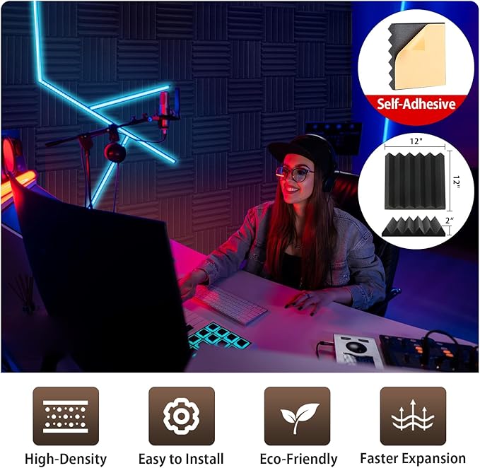 36 Pack Self-Adhesive Acoustic Foam Panels, 12 x 12 x 2 Inches High Density Wedge Sound Proof Foam Panels for Walls, Fire Resistant Soundproof Wall Panels for Home Office & Studio (Black)