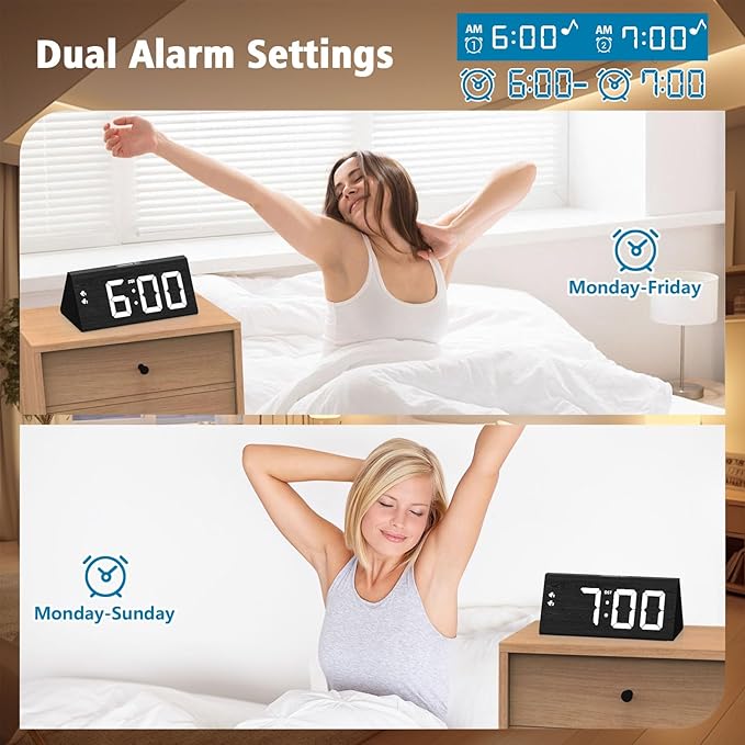 fomobest Wooden Digital Alarm Clock with Dual USB Charging Ports, DST, Dimmable, Snooze, Modern Large Time Display LED Clock for Kids Bedrooms, Living Room, Desk, Table, Bedside, Nightstand (Black)