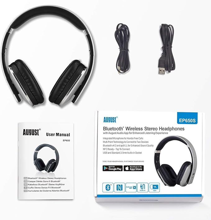 August EP650 Bluetooth Wireless Over-Ear Headphones with aptX Low Latency, NFC, Multipoint Pairing, Wired Option, Built-in Microphone - Silver