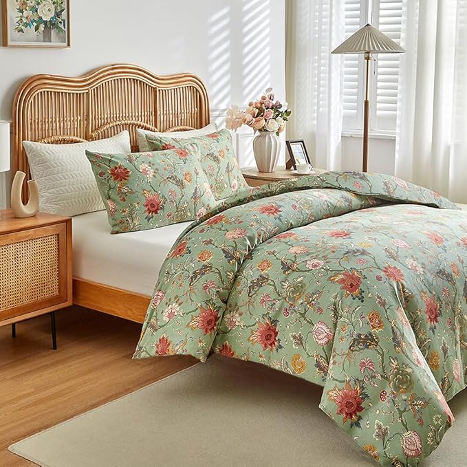 LifeTB Vintage Garden Floral Comforter Set Twin XL Chic Vibrant Green Floral Bedding Comforter Fluffy Soft Bohemian Flower Botanical Comforter with 2 Pillowcases Boho Farmhouse Bed Comforter Set