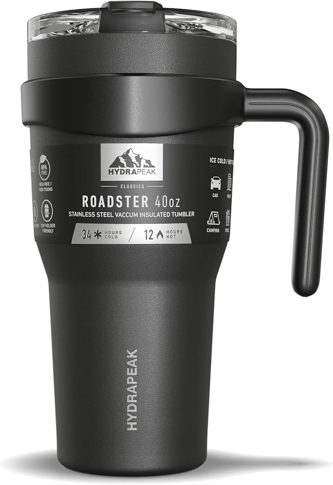 Hydrapeak Roadster 40oz Stainless Steel Tumbler Double Wall Vacuum Insulated Water Bottle With Handle And 2 in 1 Straw Lid (Black)