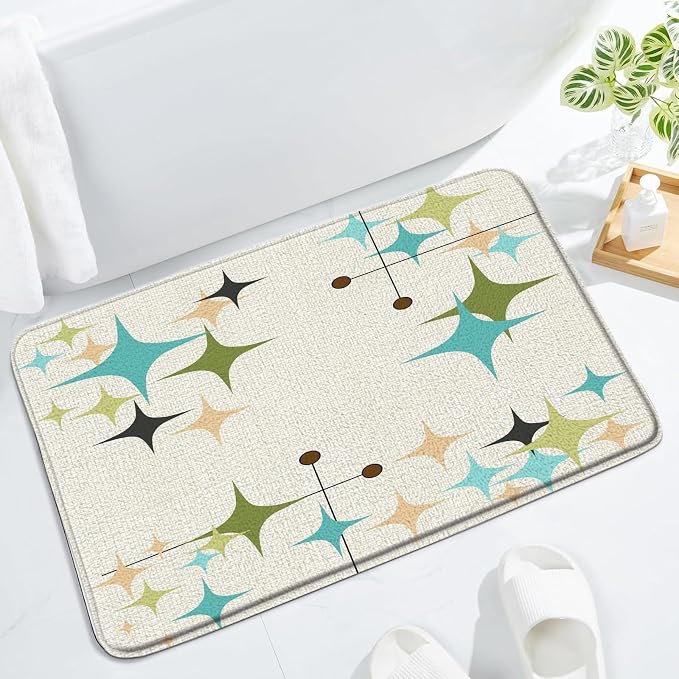 Mid Century Bath Mat Retro Atomic Stars 1950s 1960s Vintage Geometric Pattern Abstract Iconic Modern Teal Blue 17.7x29.5 Inches Indoor Outdoor Floor Rugs
