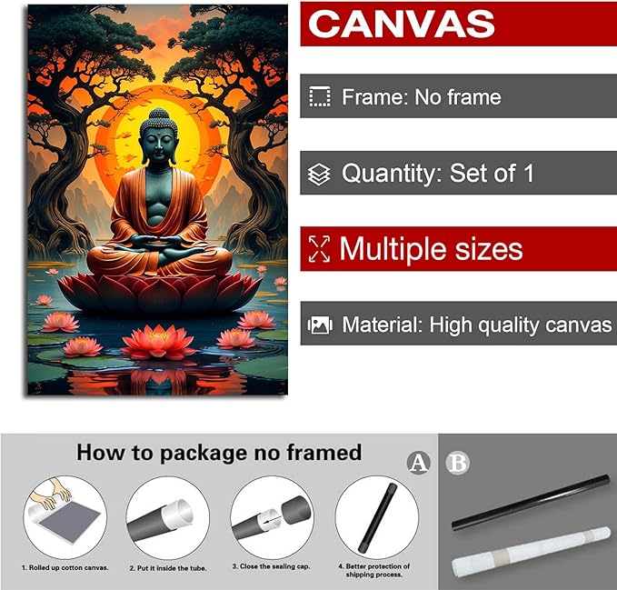 Canvas wall art Golden Buddha on lotus at sunset Ancient trees with reflections on water Serene meditation scene Uplifting wall art for mindfulness and tranquil home decor 20x30in Frameless