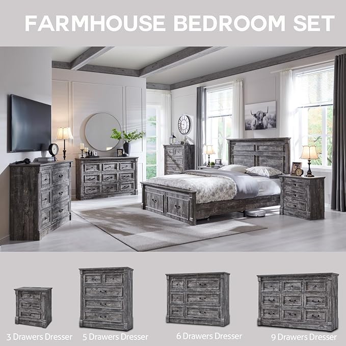 Farmhouse 8 Drawers Dresser for Bedroom, 61" Wide Large Dressers & Chests of Drawers w/Roman Column, Storage Dressers Organizer for Bedroom, Hallway, Living Room, Light Grey