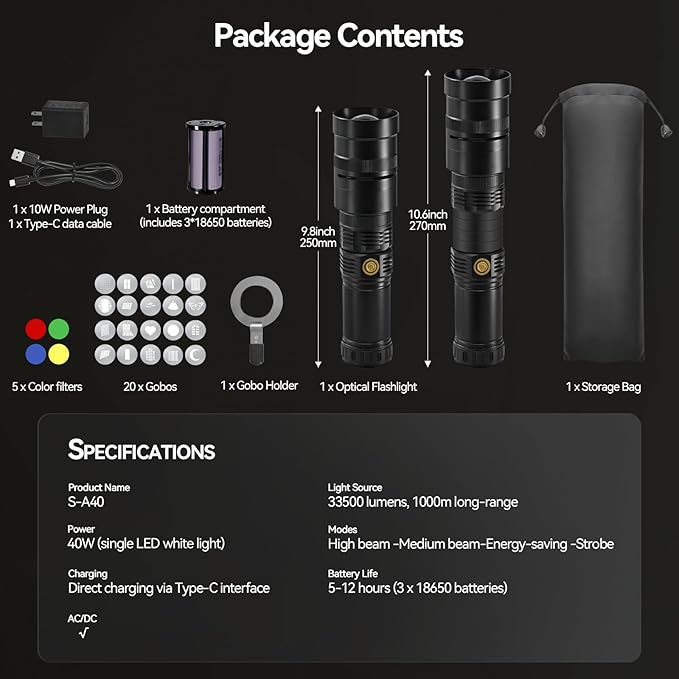 WELLMAKING 35W LED Photography Flashlight Optical Glass Lenses, 7800mAh Aluminum Alloy Patterned Ambient Light, with 20 Patterned Light Filters for Photo, Content Creation Video Recording Accessorie