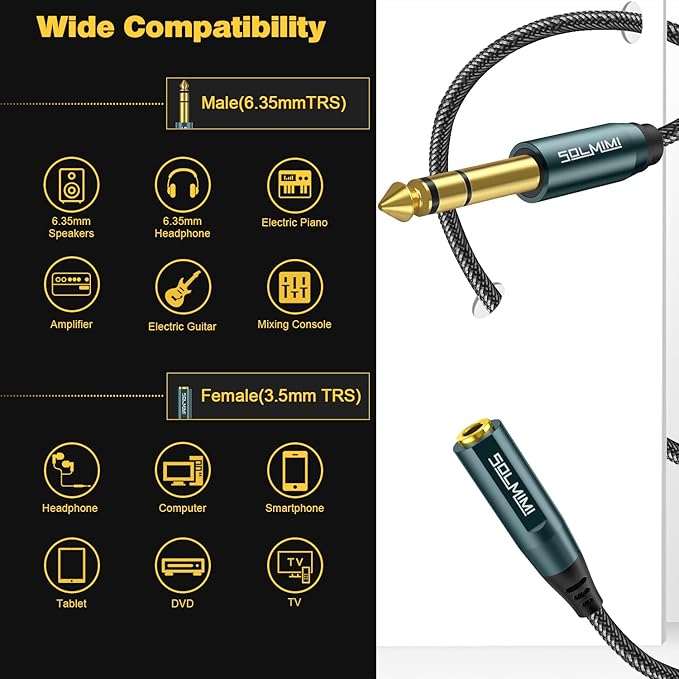 SOLMIMI 1/4 to 1/8 Headphone Adapter, 4 Feet 6.35mm Male to 3.5mm Female TRS Stereo Audio Jack Adapter Cable for Mixer Guitar Amp Piano Keyboard Amplifier Headphone Speaker (4Ft/1.2M)