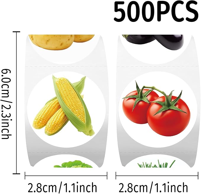 500 Pcs Funny Vegetable Stickers Roll, 10 Styles Cartoon Cute Vegetable Stickers for Teens, Waterproof Vinyl Stickers for Journal Scrapbook, Party Favors Classroom Rewards (500 per Roll)