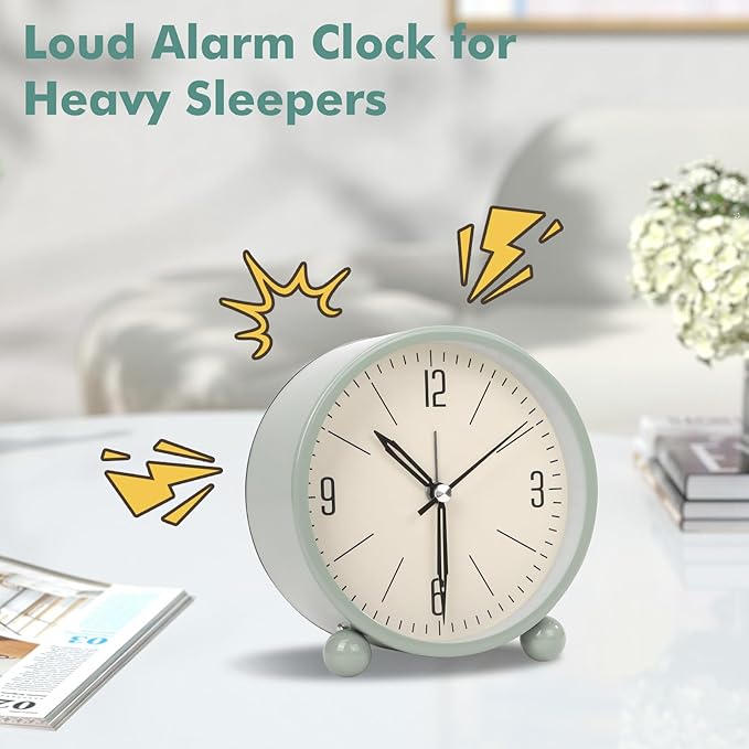 Blusaryme Analog Alarm Clock - 4 Inch Super Silent Non-Ticking, Battery Operated Small Clock with Night Light, Elegant Bedside Desk Clock for Bedroom, Living Room, Office, Student Gift