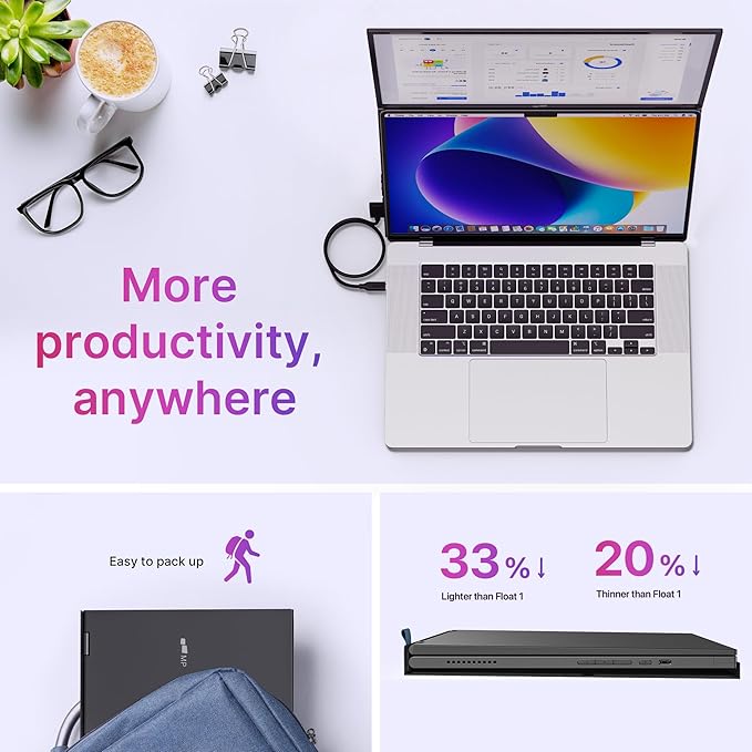 Mobile Pixels Duex Float 2.0 Pro 16" 2.5K Portable Monitor for Laptop, Built-in Kickstand & Speakers Ultra-Thin Laptop Screen Extender | USB-C & HDMI | Plug & Play for Windows, MacOS, Switch, Android