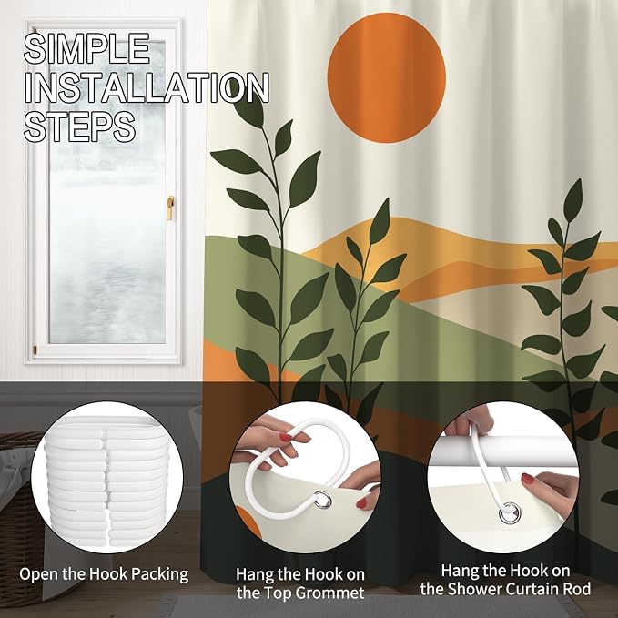Boho Mid Century Shower Curtain for Bathroom Modern Abstract Sun Botanical Leaves Bath Curtain Neutral Minimalist Plant Waterproof Fabric Bathroom Decor Set with Hooks 48x72 inch