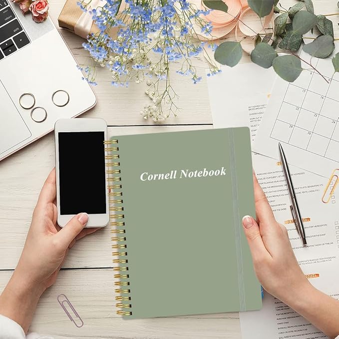 Yaridar A4 Cornell Notes Notebook - College Spiral Cornell Notebooks for Note Taking, Subject Ruled Steno Pads for Office/School/College/Home, 8.5" x 11", Green