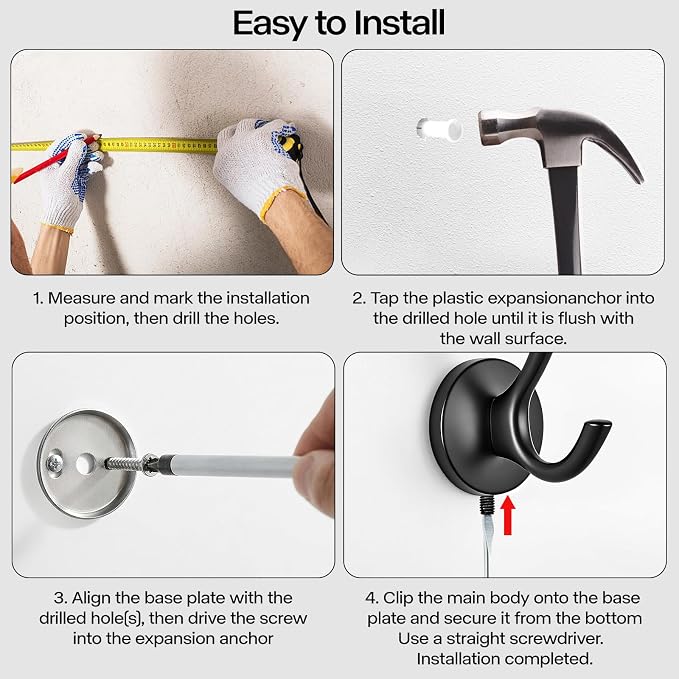 Towel Hooks-Coat Robe Hooks-Heavy Duty Metal Double Bathrobe Hook-Black Towel Hooks for Bathrooms-Kitchen Closet Garage(4Pcs Black)