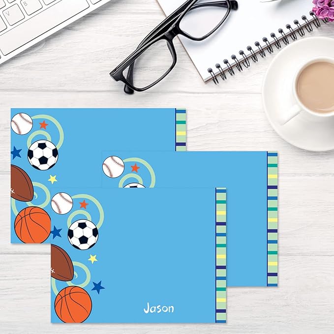 Current Sports Balls Kids Personalized Note Cards - 24 Cards with White Envelopes, 4¼ x 5½ Inch Size, Blank Stationery, Add Names or Text, For Thank You Notes, Invitations, & Announcements