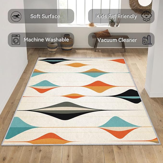 Mid Century Modern Throw Rug 2x3, Washable Retro Geometric Rugs for Entryway Bedroom Kitchen, Minimalist Area Rug for Home Decor, Non Slip Backing Indoor Floor Mat Carpet with Gripper