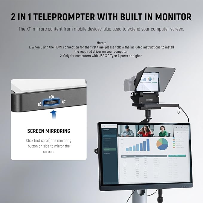 NEEWER Portable Desktop Mini Tripod + X11 2 in 1 Teleprompter 11 Inch with Monitor for Windows MacOS, Aluminum Alloy 20''/ 50cm Desk Stand with Ball Head for DSLR Camera Camcorder, Max Load 11 lb/5 kg