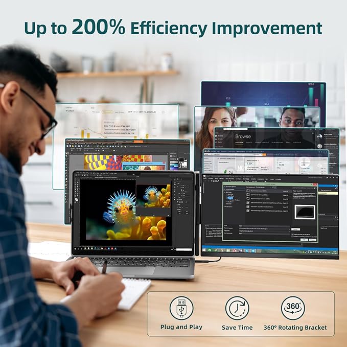 ROYY Laptop Screen Extender Dual Monitor - 15.6" Portable Monitor 85% NTSC IPS 1080P FHD Detachable Screen Extended Extra USB-C/HDMI Port Compatible with Wins Mac Dex Chrome Fits 13"-17" Laptops