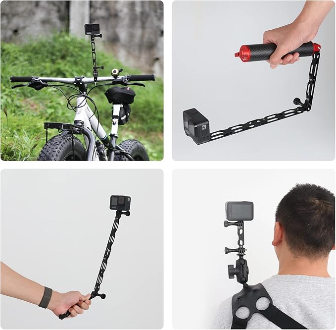 HSU (7 Pcs) All Aluminum Alloy Extension Arm Kit Metal Pole Mount Helmet Stick Extension Arm Mount for GoPro Hero 13/12/11/10/9/8/7/6/5 Black, DJI Osmo Action and More (11.8”/6.5”/3.3”) (Black)
