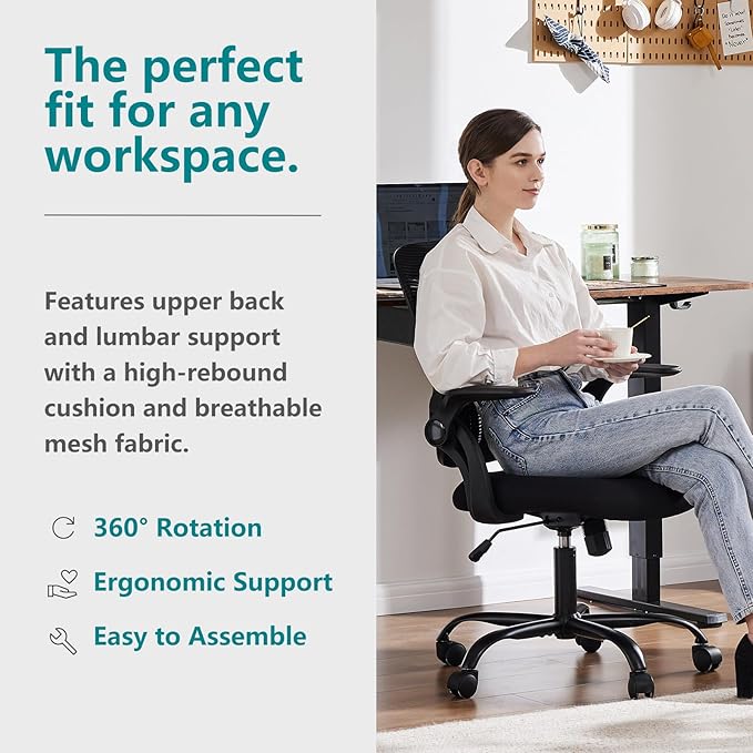 Sweetcrispy Home Office Managerial Executive Chair, Ergonomic Mesh Adjustable Swivel Mid-Back Chair with Comfortable Lumbar Support, Comfy Arms for Bedroom,Study,Student