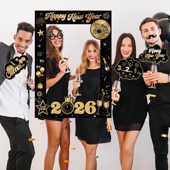 New Years Decorations 2026 Photo Booth Props Set Include 1 Photo Booth Frame and 21 Photo Props Black and Gold Happy New Years Eve Party Supplies 2026 for Photography