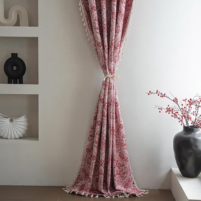 ENJOYBRIDAL Red Damask Curtains 96 Inches Living Room Bedroom Drapes 2 Panel Sets Vintage Semi Sheer Long Window Curtain Panels Dining Room Rod Pocket Jacquard Medallion Patterned Window Treatments