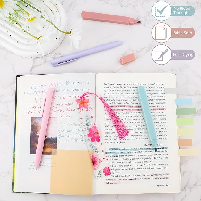 26Pcs Bible Study Supplies Journal Kit Aesthetic Pastel Highlights Pens Tabs Bookmarks for Women Teens School Accessories Cute Colorful Bible Highlighters Pens No Bleed Sticky Notes Index Maskers