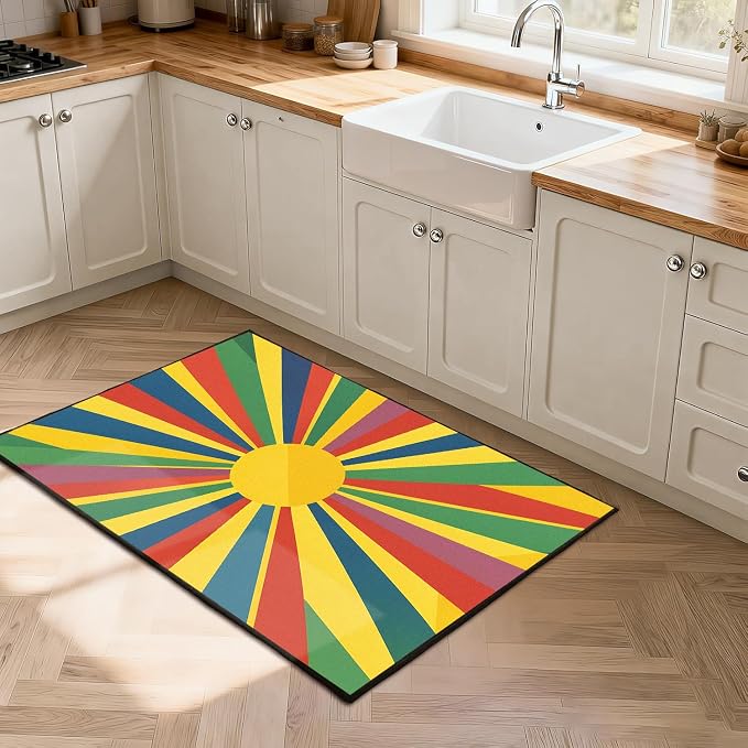 Rainbow Sunburst Area Rug Colorful Geometric Sun Carpet Soft Non-Slip Washable Floor Mat for Entryway Bedroom Living Room Nursery Playroom Classroom Home Decor,2'x3'