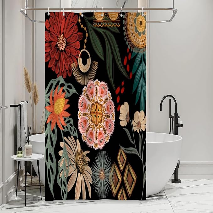 Black Boho Floral Shower Curtain Abstract Botanical Mid Century Modern Bathroom Decor Tropical Flower Shower Curtain with 10 Hooks,54x72 inches