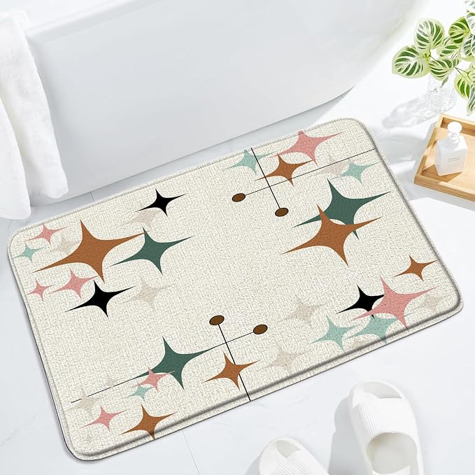 Mid Century Bath Mat Retro Atomic Stars 1950s 1960s Vintage Geometric Pattern Abstract Iconic Modern Brown 15.7x23.6 Inches Indoor Outdoor Floor Rugs