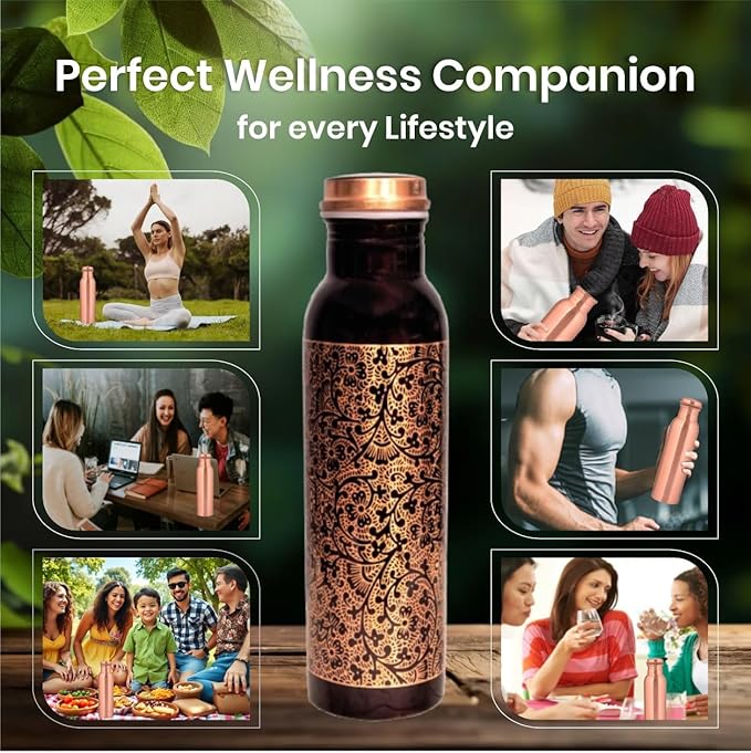 Floral Antique Copper Bottle and 2 Tumbler Set - 34oz Engraved Vessel with 10oz Cups - Indian Artisan Handcrafted - Premium Wellness Gift