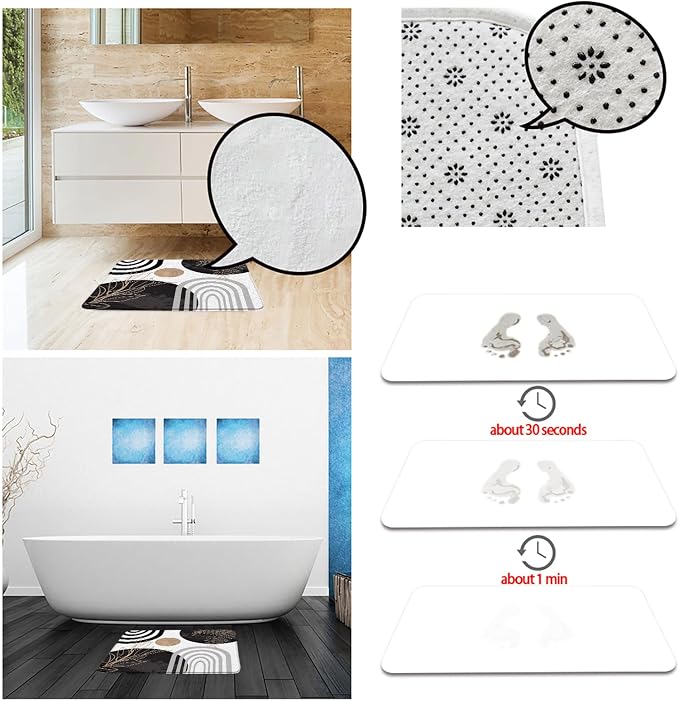 Boho Mid Century Bath Mat Black White Moern Minimalist Leaves Arch Abstract Retro Bathroom Mat Rug Memory Foam Doormat,23.5x35.5 Inch